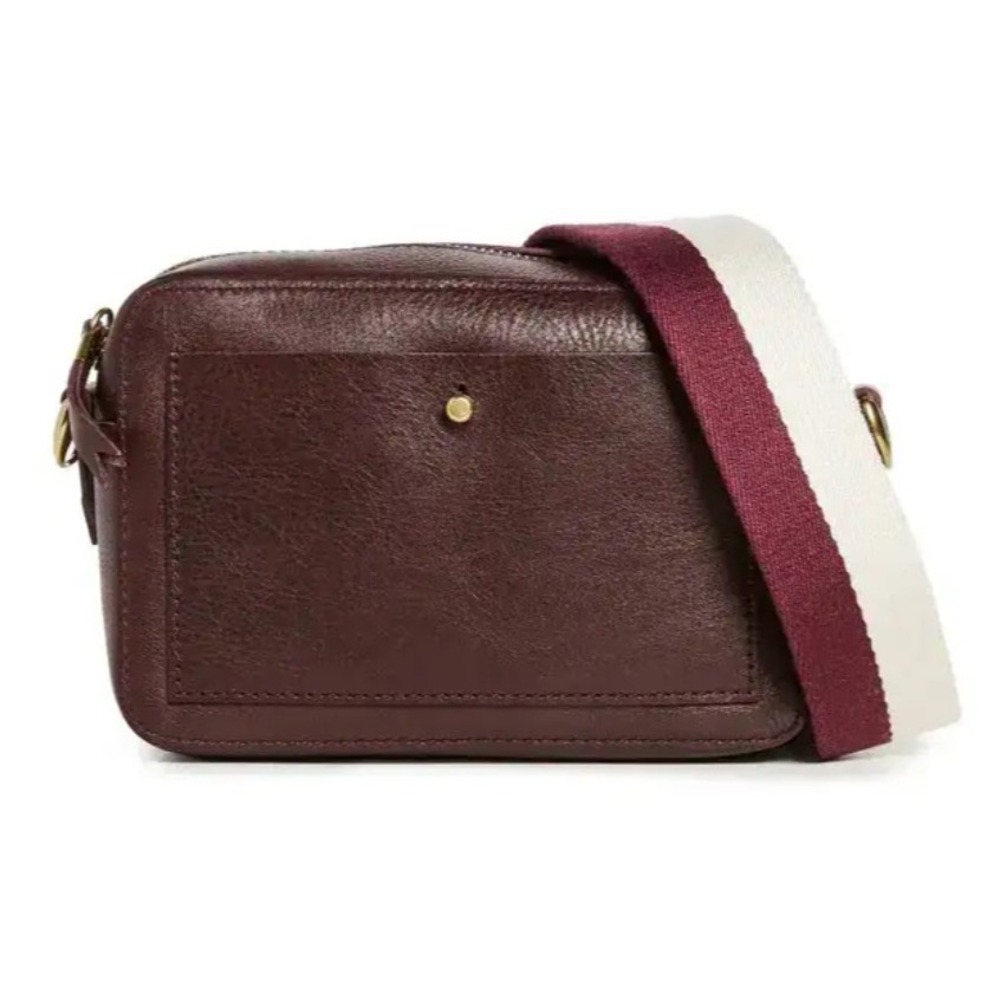 Madewell | Transport Camera Bag | Burgundy Leather Crossbody | Striped Strap